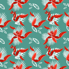 Seamless pattern of tropical palm leaves, monstera  leaves  and coral flowers of the bird of paradise (Strelitzia) plumeria . Wallpaper trend design.