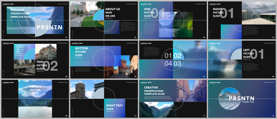 Minimal presentations design, portfolio vector templates with elements on black background. Multipurpose template for presentation slide, flyer leaflet, brochure cover, report, marketing, advertising.