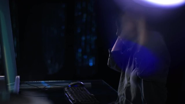 Futuristic hightech setup with happy young girl