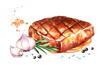 Grilled beef steaks with spices. Watercolor hand drawn illustration, isolated on white background
