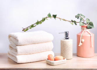 Stack of folded towels.Bathroom objects.Body care items.