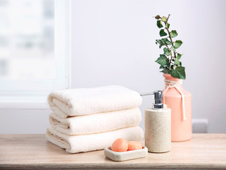 Fototapeta na wymiar Body wash concept,stack of terry towels.