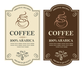 collection of coffee labels with branch, beans and cup