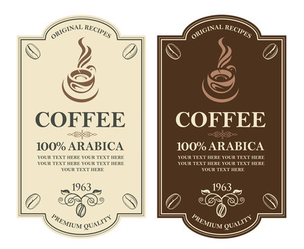 collection of coffee labels with branch, beans and cup