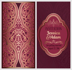 Wedding invitation card with gold shiny eastern and baroque rich foliage. Ornate islamic background for your design. Islam, Arabic, Indian, Dubai.