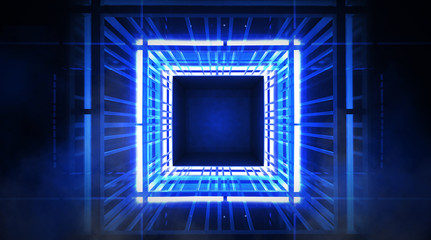Neon cube tunnel. Blue abstract background. 3D Rendering