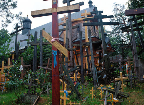 Grabarka, Orthodox crosses brought by pilgrims to the Holy Mount of Grabarka. Podlaskie Voivodeship. Polish Orthodox pilgrimage center.