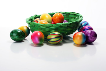 Basket of Easter eggs on table. easter decoration