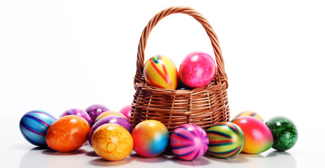 Basket of Easter eggs on table. easter decoration