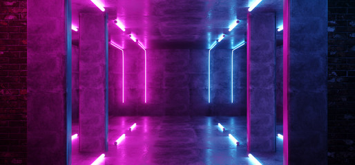 Sci Fi Modern Neon Glowing Background Laser Purple Pink Blue Lights In Grunge Concrete Brick Walls Room Empty For Text Retro Gallery Stage 3D Rendering