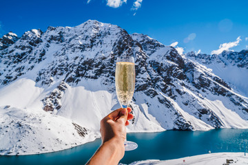 Snow Champagne Background Mountain. Snow Ski Luxury Resort & Blue Crystal Background. Winter Plateau, Austria. Snowboarding in Winter Holidays. Adventure. Snow Mountain Alps from Peak. Winter Ski © Irina