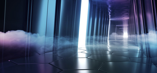 Futuristic Led Glowing Reflection Tunnel Room With Smoke And Fog Empty Space For Text Sci Fi Elegant Alien Ship Background Hi Tech 3D Rendering