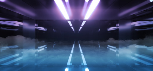Futuristic Led Glowing Reflection Tunnel Room With Smoke And Fog Empty Space For Text Sci Fi Elegant Alien Ship Background Hi Tech 3D Rendering