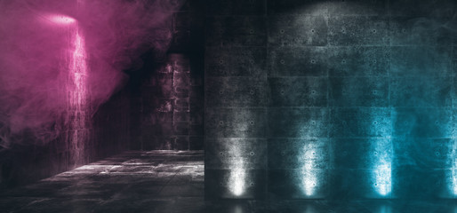 Dark Empty Neon Glowing Purple Blue Concrete Grunge Room Hall With Smoke Fog And Reflections Dramatic Elegant Sci Fi Futuristic 3D Rendering