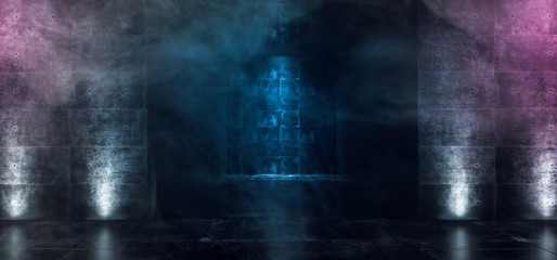 Dark Empty Neon Glowing Purple Blue Concrete Grunge Room Hall With Smoke Fog And Reflections Dramatic Elegant Sci Fi Futuristic 3D Rendering