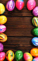 Row of Easter eggs on table. easter decoration