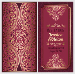 Wedding invitation card with gold shiny eastern and baroque rich foliage. Ornate islamic background for your design. Islam, Arabic, Indian, Dubai.
