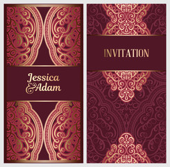 Wedding invitation card with gold shiny eastern and baroque rich foliage. Ornate islamic background for your design. Islam, Arabic, Indian, Dubai.