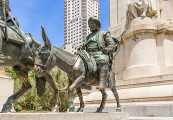 Madrid, Spain. Fragment of the Cervantes memorial: a sculpture of Sancho Panza on a donkey