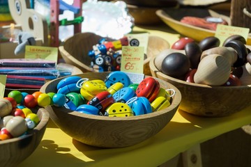 Brno, Czech Republic - Sep 12 2018: Wooden colorful toys on market. Brno, Czech Republic
