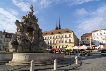  Brno, Czech Republic - Sep 12 2018: Baroque Parnas Fountain in the center of Brno city. Czech Republic