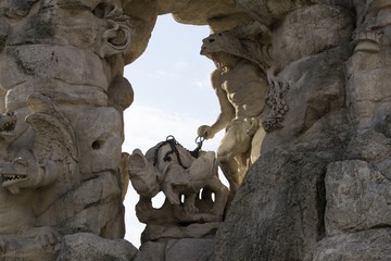  Brno, Czech Republic - Sep 12 2018: Baroque Parnas Fountain in the center of Brno city. Czech Republic