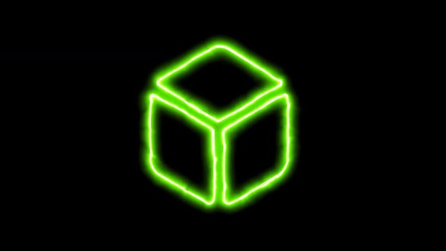 The appearance of the green neon symbol dice d6. Flicker, In - Out. Alpha channel Premultiplied - Matted with color black