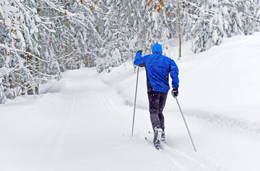 Fototapeta na wymiar Cross-country skiing. Young man doing outdoor exercise. Winter sport and healthy lifestyle.