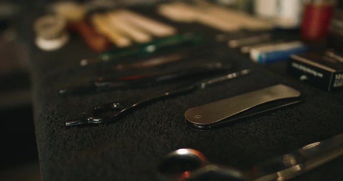 Barber Shop Objects on Table. 4K Footage - Video