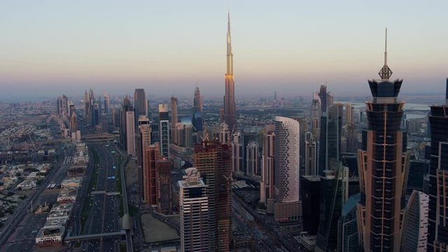 Aerial Sheikh Zayed road city Skyscrapers sunset Dubai