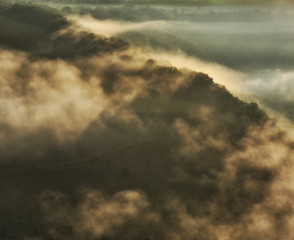 foggy canyon of a picturesque river. spring dawn. morning in national park
