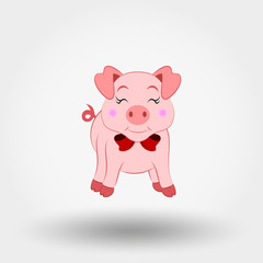 Pig with red bow. Icon. Vector illustration. Flat design
