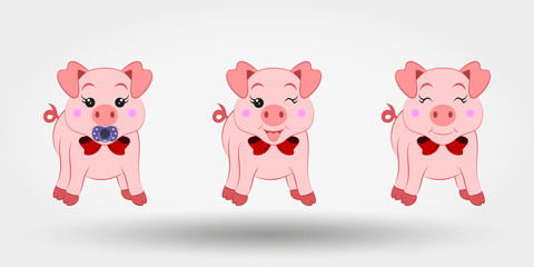 Pigs with red bows. Set. Icon. Vector illustration. Flat design