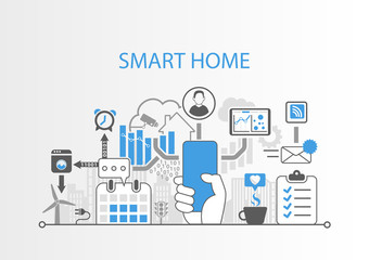 Smart home concept with hand holding modern bezel free smart phone