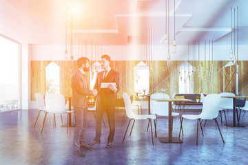 Panoramic wooden cafe interior, people