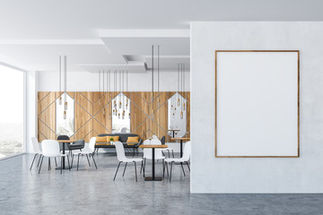 Wooden cafe interior, vertical poster