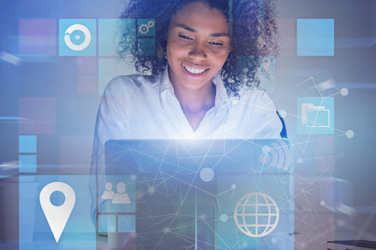 Smiling woman with laptop, business interface