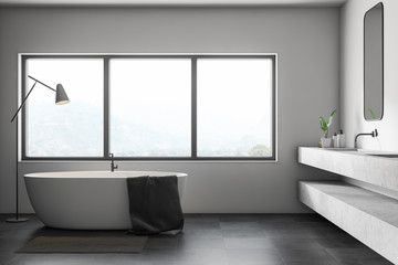 Fototapeta na wymiar White bathroom interior, tub and double sink
