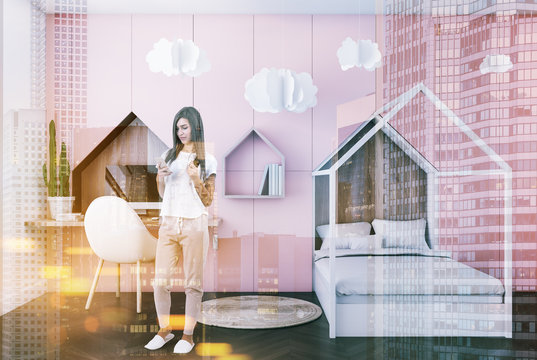 Pink Kids Bedroom Interior, Woman