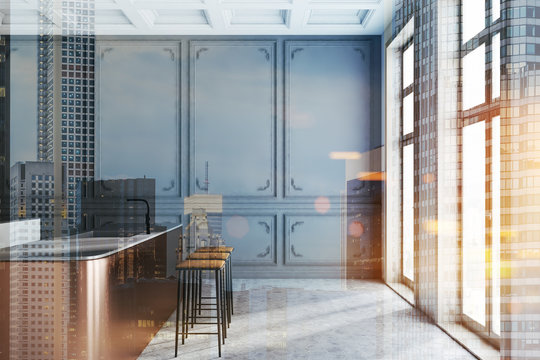 Gray kitchen interior with bar