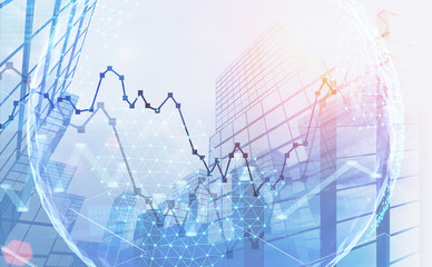 Blue graph and planet, skyscrapers