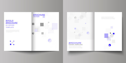 The vector layout of two A4 format modern cover mockups design templates for bifold brochure, magazine, flyer, booklet, annual report. Abstract vector background with fluid geometric shapes.
