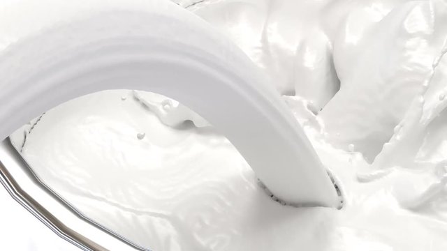 Animated high angle and close up view of white paint or condensed milk or heavy cream pouring and splashing into large round stainless steel container and overflowing it.