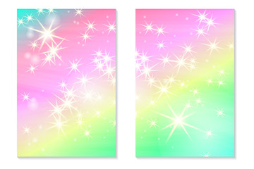 Unicorn rainbow background. Holographic sky in pastel color. Bright hologram mermaid pattern in princess colors. Vector illustration. Unicorn Fantasy gradient colorful backdrop with rainbow mesh.