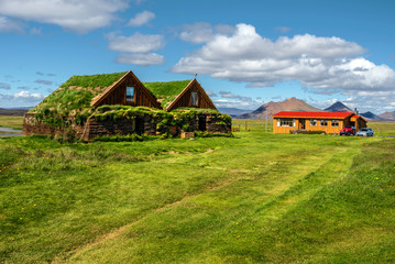 Traditional turf houses of Modrudalur farm settlement in Eastern Island of Fljotsdalsherad municipality.