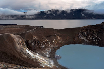 Oskjuvatn lake and Viki crater with geothermal lake at Askja caldera in midnight lights of Iclandic summer