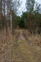 country gravel road with old and broken asphalt