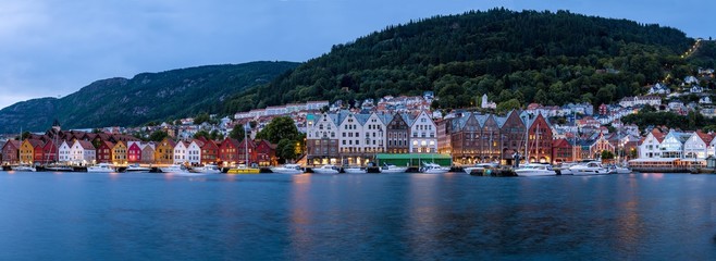 Evening Panorama of a Historical  district Bryggen (Tyskebryggen)  in the norwegian city Bergen....