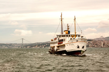 Fototapeta premium Beautiful View touristic landmarks from sea voyage on Bosphorus. turkish steamboats, view on Golden Horn.