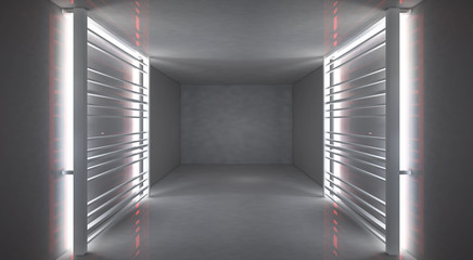 Dark corridor, tunnel, white neon, light lines. 3D Rendering